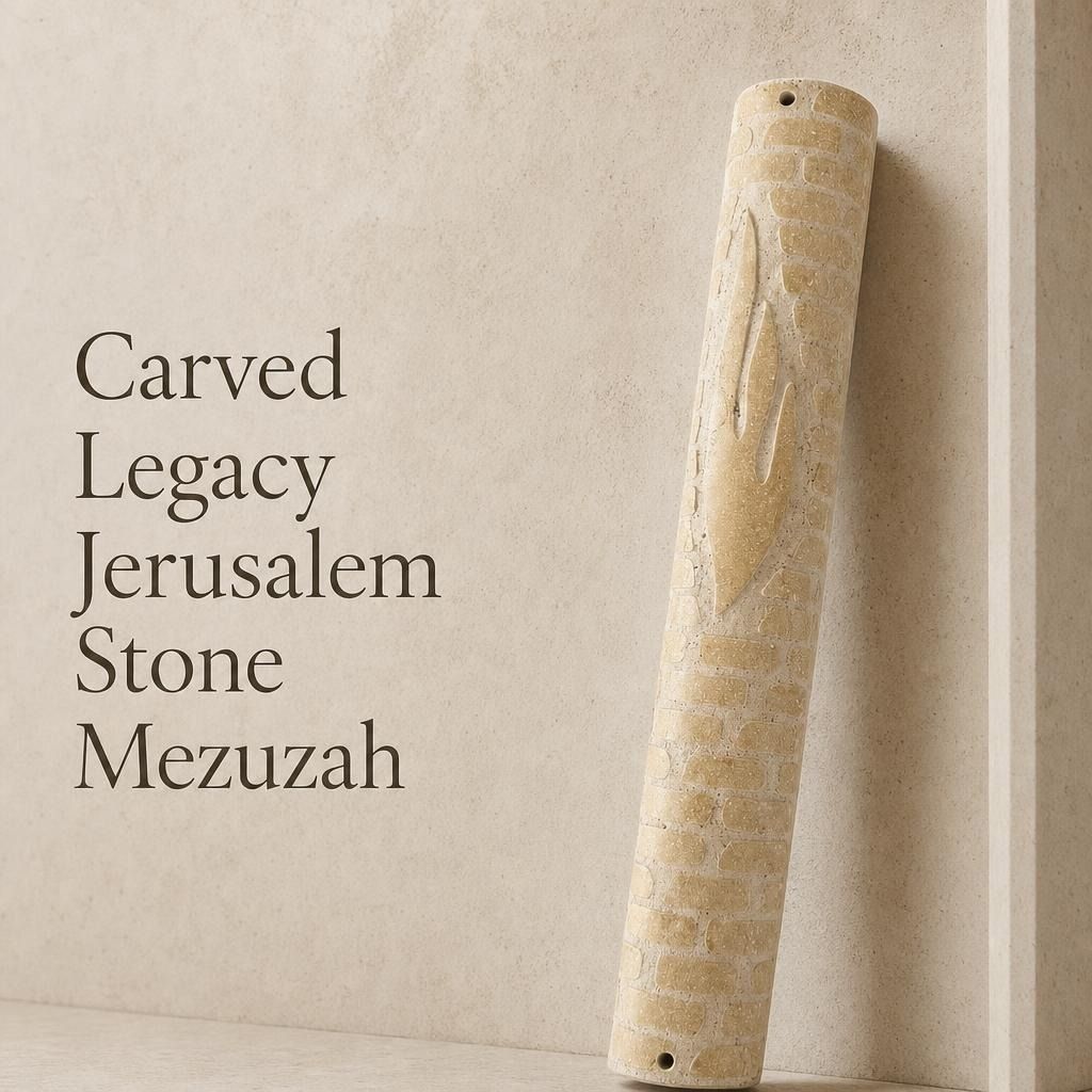 Jerusalem stone mezuzah case with large carved Hebrew letter Shin on a neutral background, highlighting its monumental size and textured architectural design.