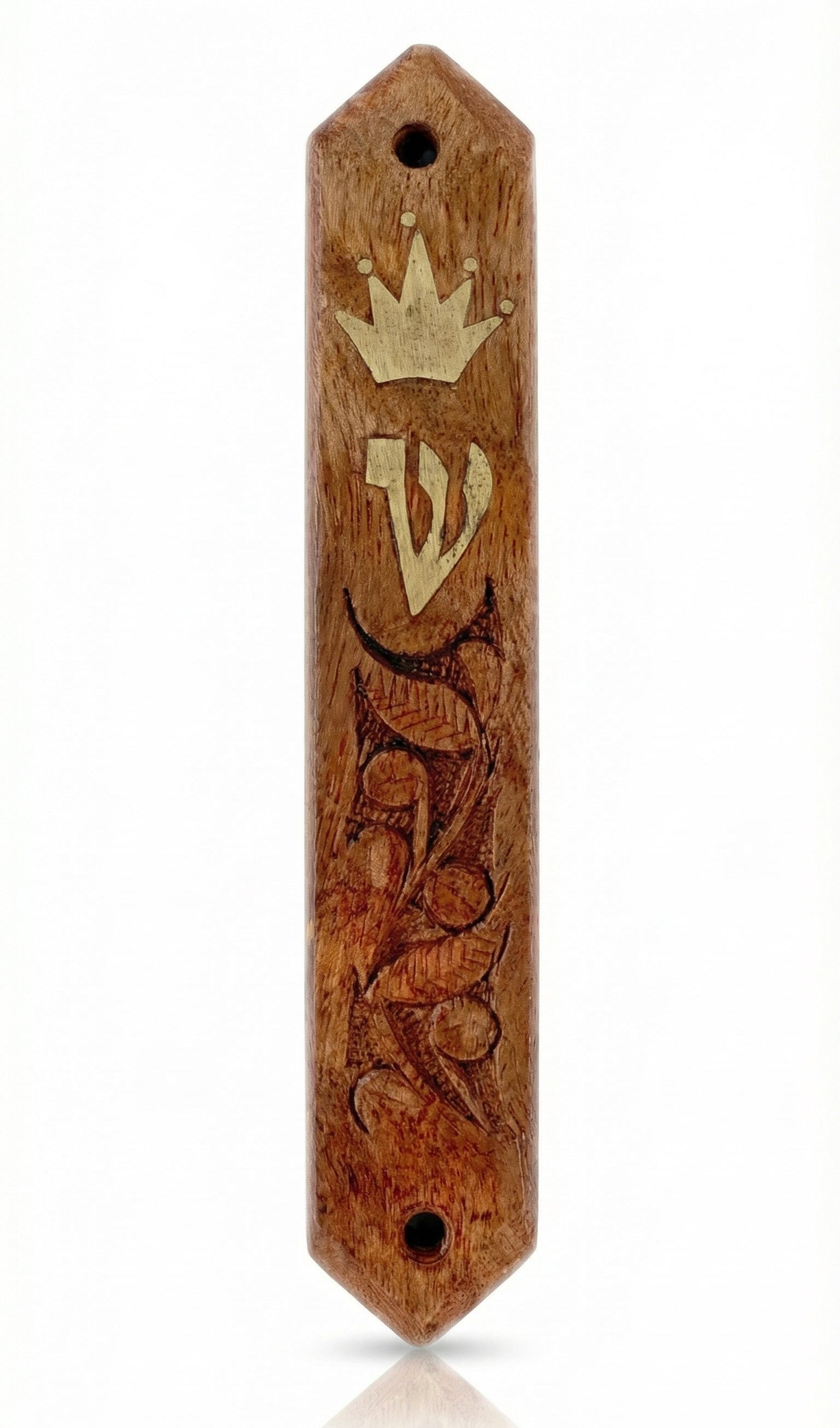 Carved wooden mezuzah made in Israel, 4.5 inches tall, with detailed engraved Hebrew letters, decorative motifs, and a polished finish.