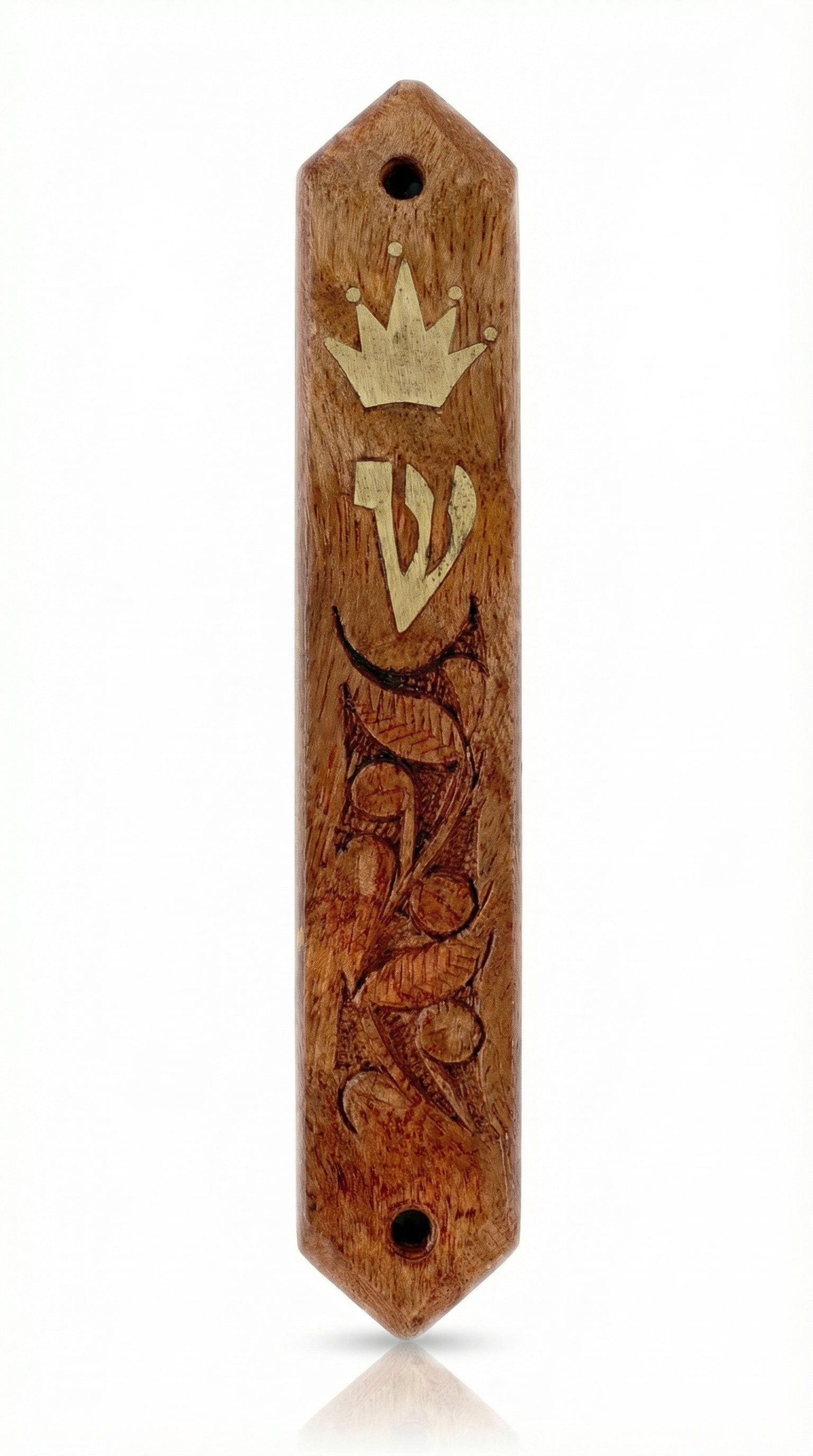 Carved wooden mezuzah made in Israel, 4.5 inches tall, with detailed engraved Hebrew letters, decorative motifs, and a polished finish.