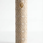 Close-up of Casablanca Mezuzah in Jerusalem stone, showcasing detailed craftsmanship and traditional Jewish religious symbol.