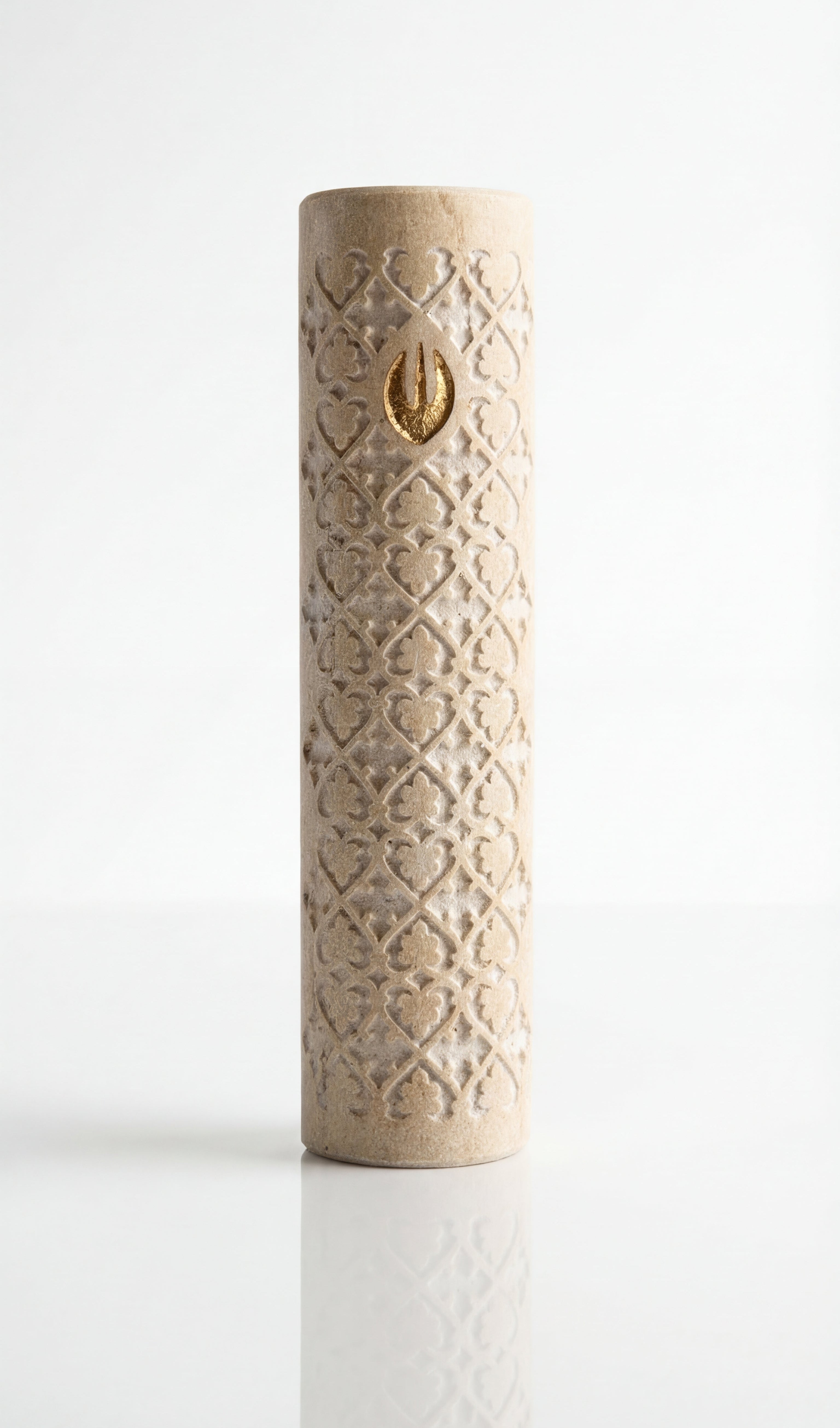 Close-up of Casablanca Mezuzah in Jerusalem stone, showcasing detailed craftsmanship and traditional Jewish religious symbol.