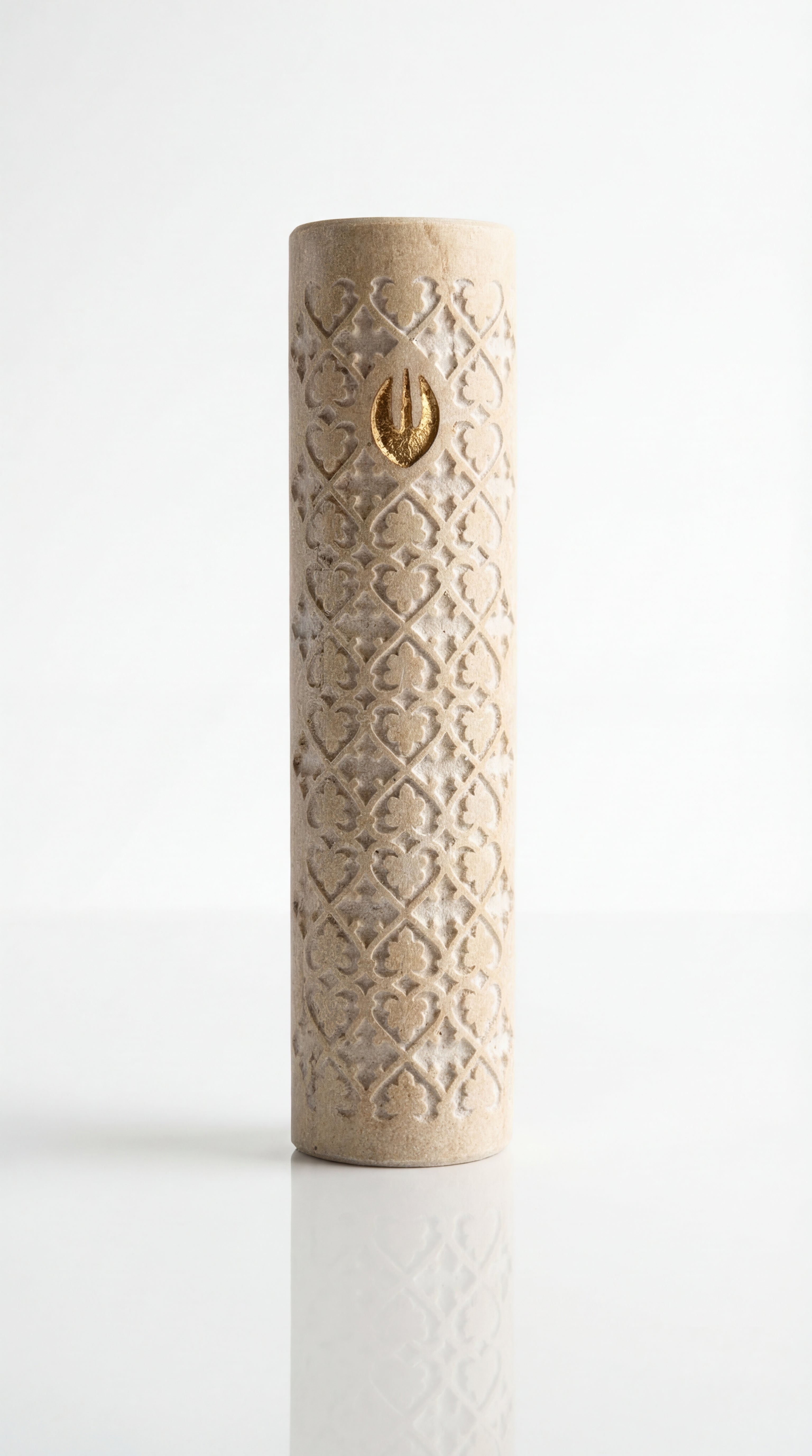 Close-up of Casablanca Mezuzah in Jerusalem stone, showcasing detailed craftsmanship and traditional Jewish religious symbol.