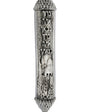Detailed pewter Castle Mezuzah with Hebrew text and decorative motifs, set against a pure white background with soft reflection for a professional catalog image.