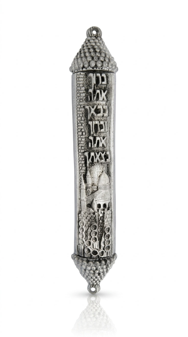 Detailed pewter Castle Mezuzah with Hebrew text and decorative motifs, set against a pure white background with soft reflection for a professional catalog image.