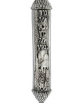 Detailed pewter Castle Mezuzah with Hebrew text and decorative motifs, set against a pure white background with soft reflection for a professional catalog image.