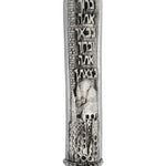 Detailed pewter Castle Mezuzah with Hebrew text and decorative motifs, set against a pure white background with soft reflection for a professional catalog image.