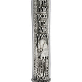Detailed pewter Castle Mezuzah with Hebrew text and decorative motifs, set against a pure white background with soft reflection for a professional catalog image.