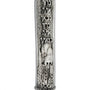 Detailed pewter Castle Mezuzah with Hebrew text and decorative motifs, set against a pure white background with soft reflection for a professional catalog image.