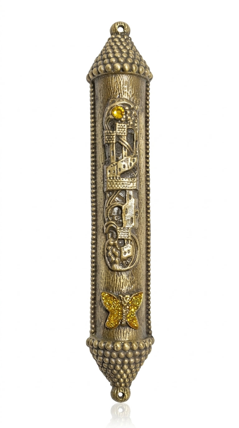 Elegant castle-shaped mezuzah with Hebrew G-d's name and a hovering yellow butterfly, set against a pure white studio background with soft reflection.
