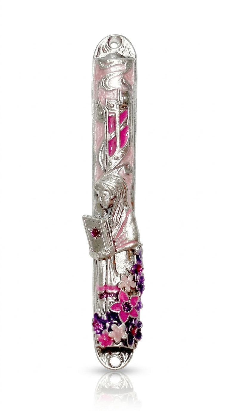 High-quality photograph of a celebration mezuzah featuring a floral blossom design with a girl holding a book, pink enamel background, exact details preserved.