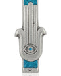 Blue Hamsa shaped Mezuzah with a central eye symbol, accented with silver and blue sparkling paint, placed on a white studio surface with soft reflection.