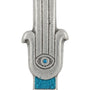 Blue Hamsa shaped Mezuzah with a central eye symbol, accented with silver and blue sparkling paint, placed on a white studio surface with soft reflection.