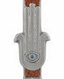High-resolution image of a celestial Hamsa-shaped mezuzah with symbolic eye, accented with silver, turquoise, and brown sparkling paint, on a white background.