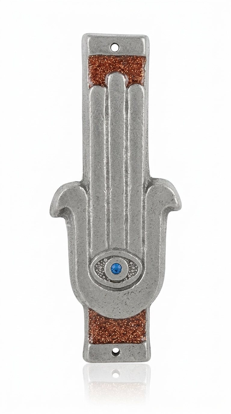 High-resolution image of a celestial Hamsa-shaped mezuzah with symbolic eye, accented with silver, turquoise, and brown sparkling paint, on a white background.