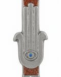 High-resolution image of a celestial Hamsa-shaped mezuzah with symbolic eye, accented with silver, turquoise, and brown sparkling paint, on a white background.