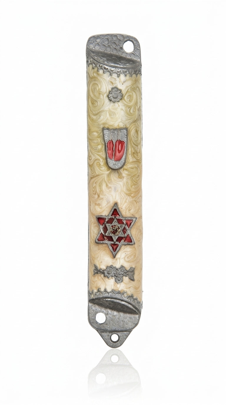 High-resolution image of a celestial Sunrise Pewter Mezuzah with Star of David and Hebrew letter Shin, on a white studio background with soft reflection.