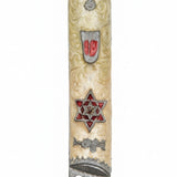 High-resolution image of a celestial Sunrise Pewter Mezuzah with Star of David and Hebrew letter Shin, on a white studio background with soft reflection.