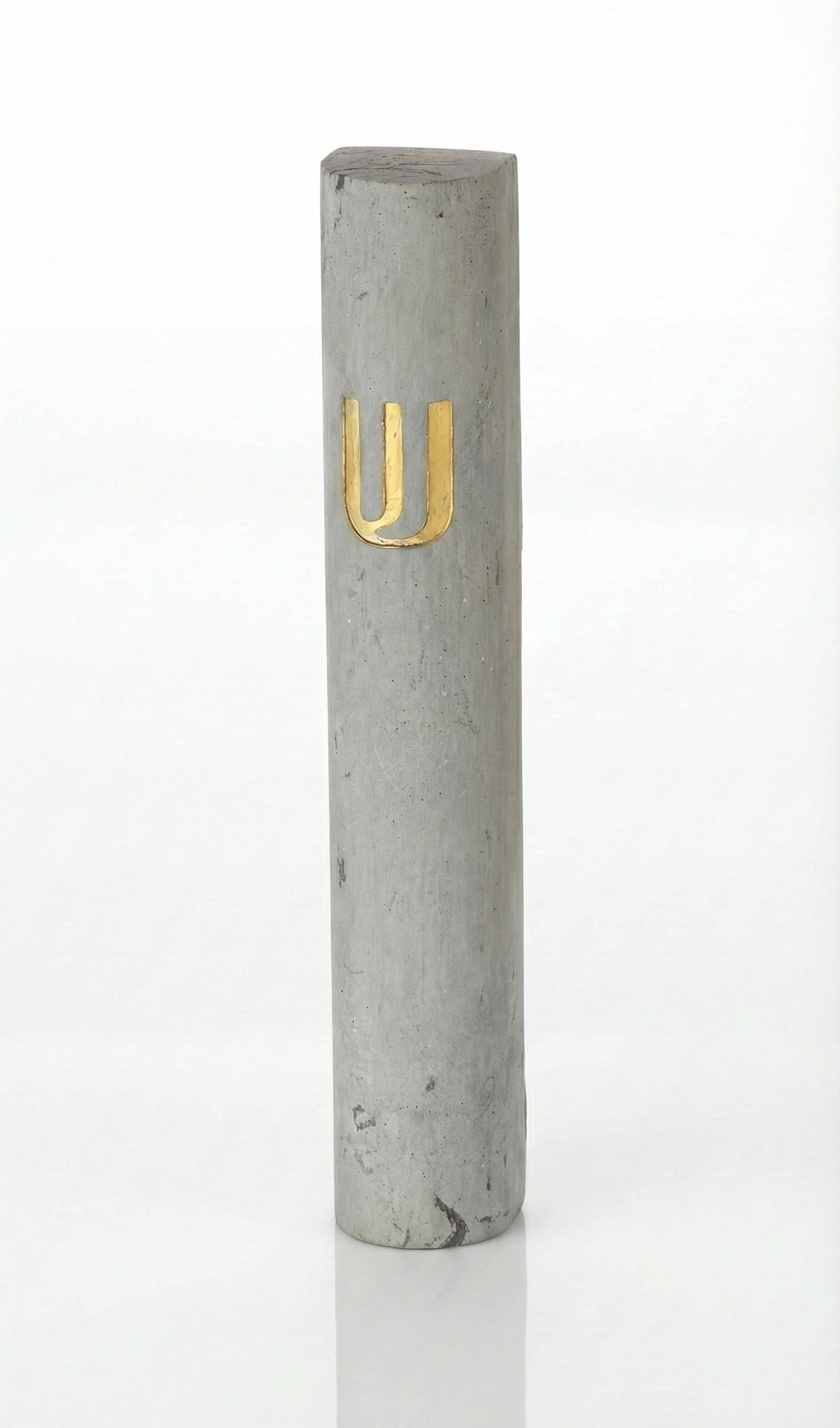 Elegant cement Mezuzah in gray with Shin gold inscription, 6 inches tall, designed for home doorways with strong mounting tape included.