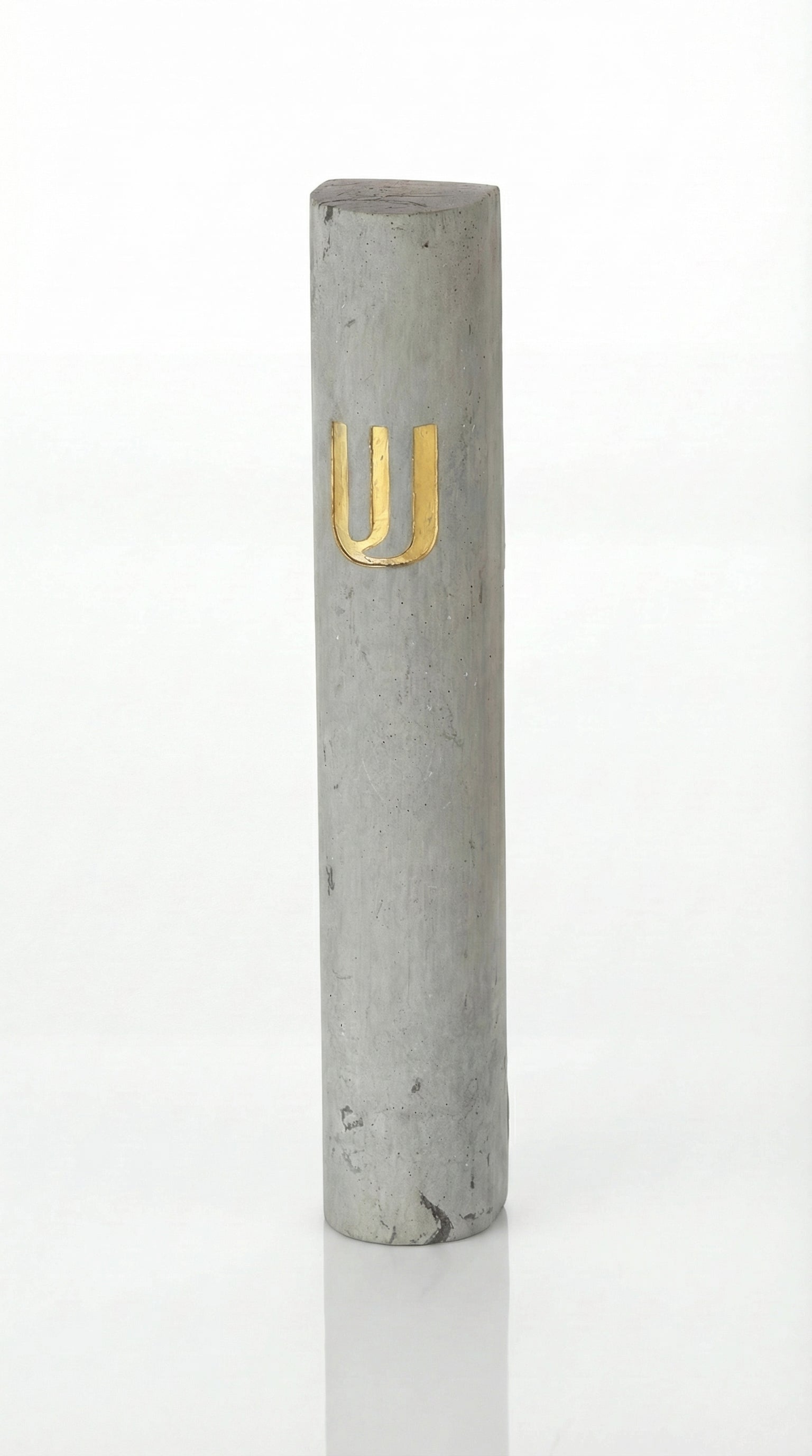 Elegant cement Mezuzah in gray with Shin gold inscription, 6 inches tall, designed for home doorways with strong mounting tape included.