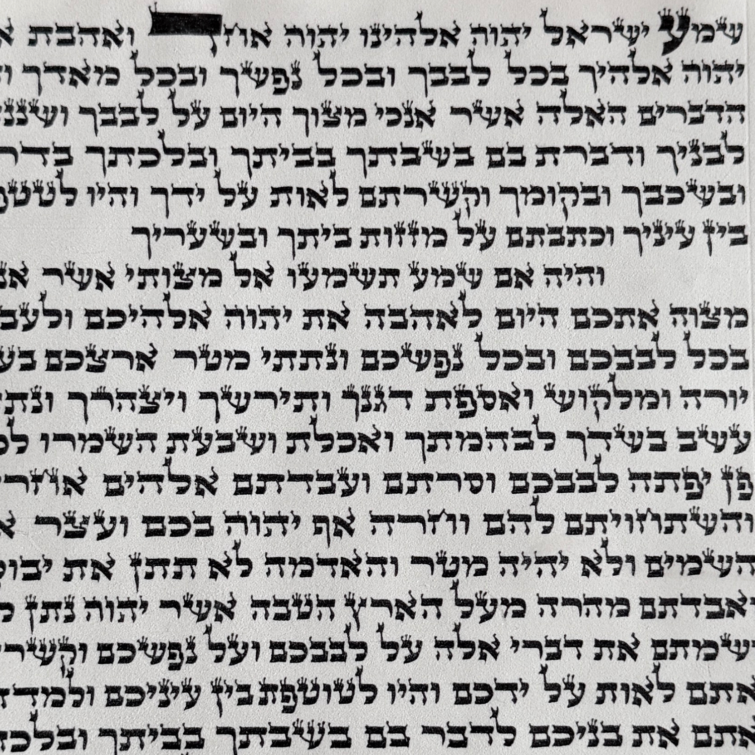 an ultra-premium certified kosher Chabad mezuzah scroll handwritten on parchment in Alter Rebbe ktav, showing the distinctive Hebrew letter forms used in Chabad STaM tradition