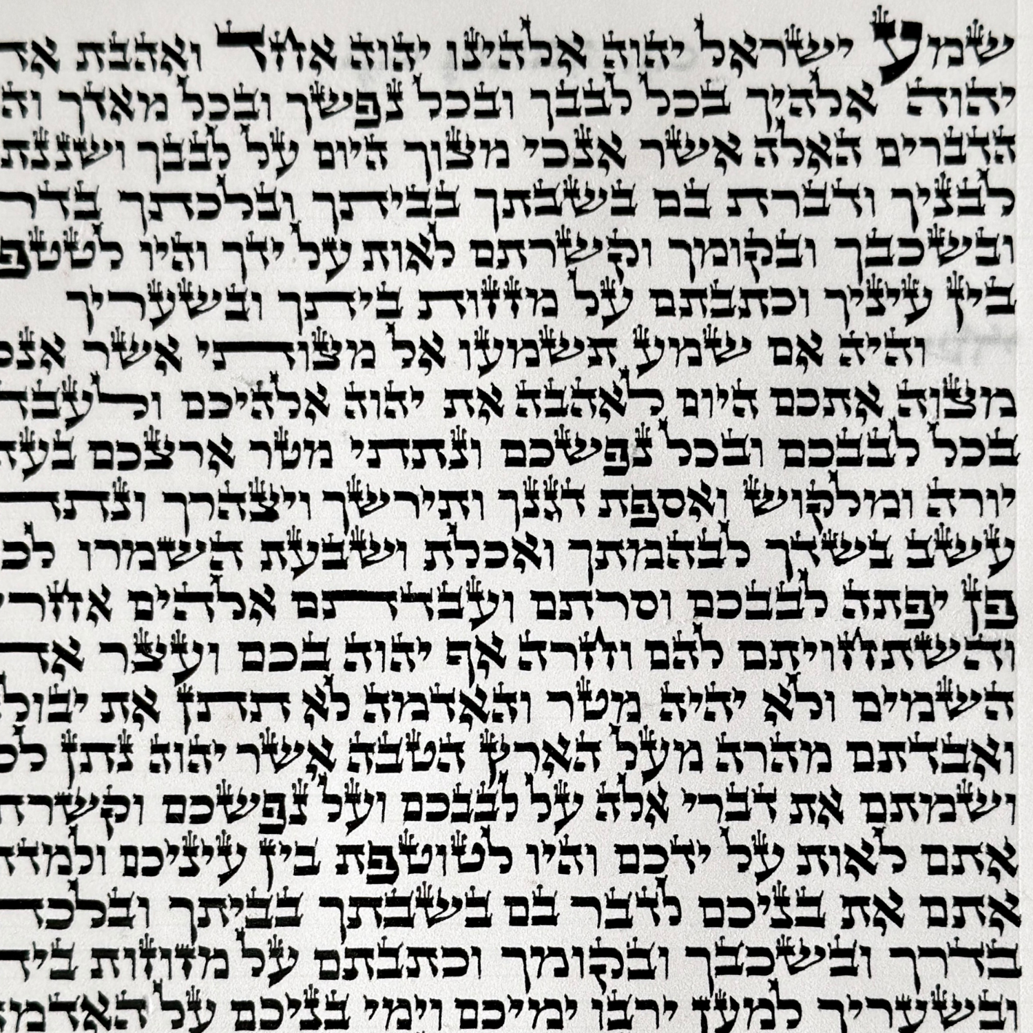 a certified kosher Ashkenaz mezuzah scroll written by hand on parchment in traditional Beit Yosef ktav, the Hebrew script commonly used for Ashkenazi mezuzot