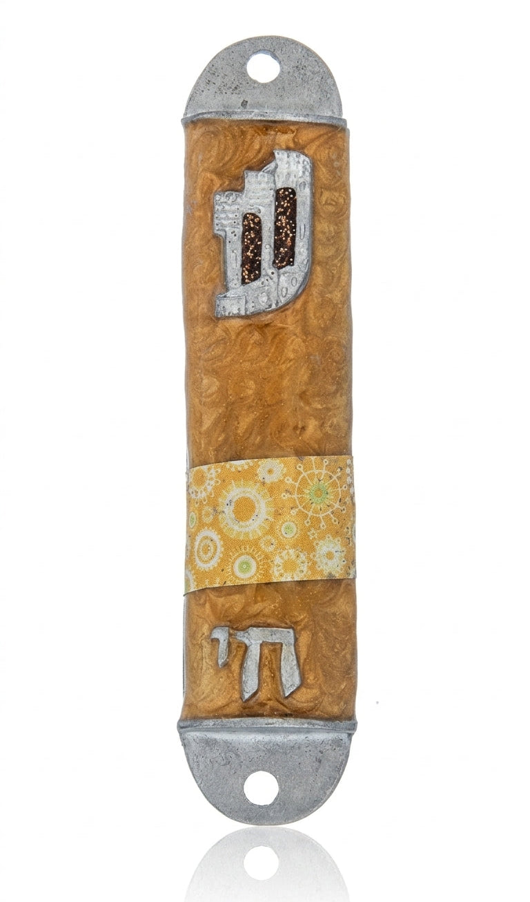 High-quality Chai to Life Mezuzah with intricate Hebrew engravings, designed for wall mounting, on a pure white background with subtle reflection.