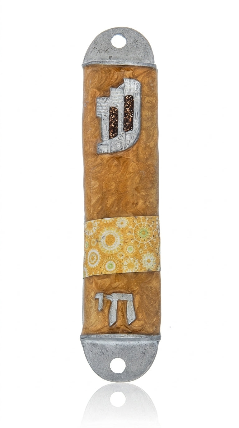 High-quality Chai to Life Mezuzah with intricate Hebrew engravings, designed for wall mounting, on a pure white background with subtle reflection.