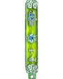 Vibrant pewter Charms Mezuzah with enamel paint, featuring Chai, Star of David, fish, and Hamsa symbols on a white studio background with soft reflection.