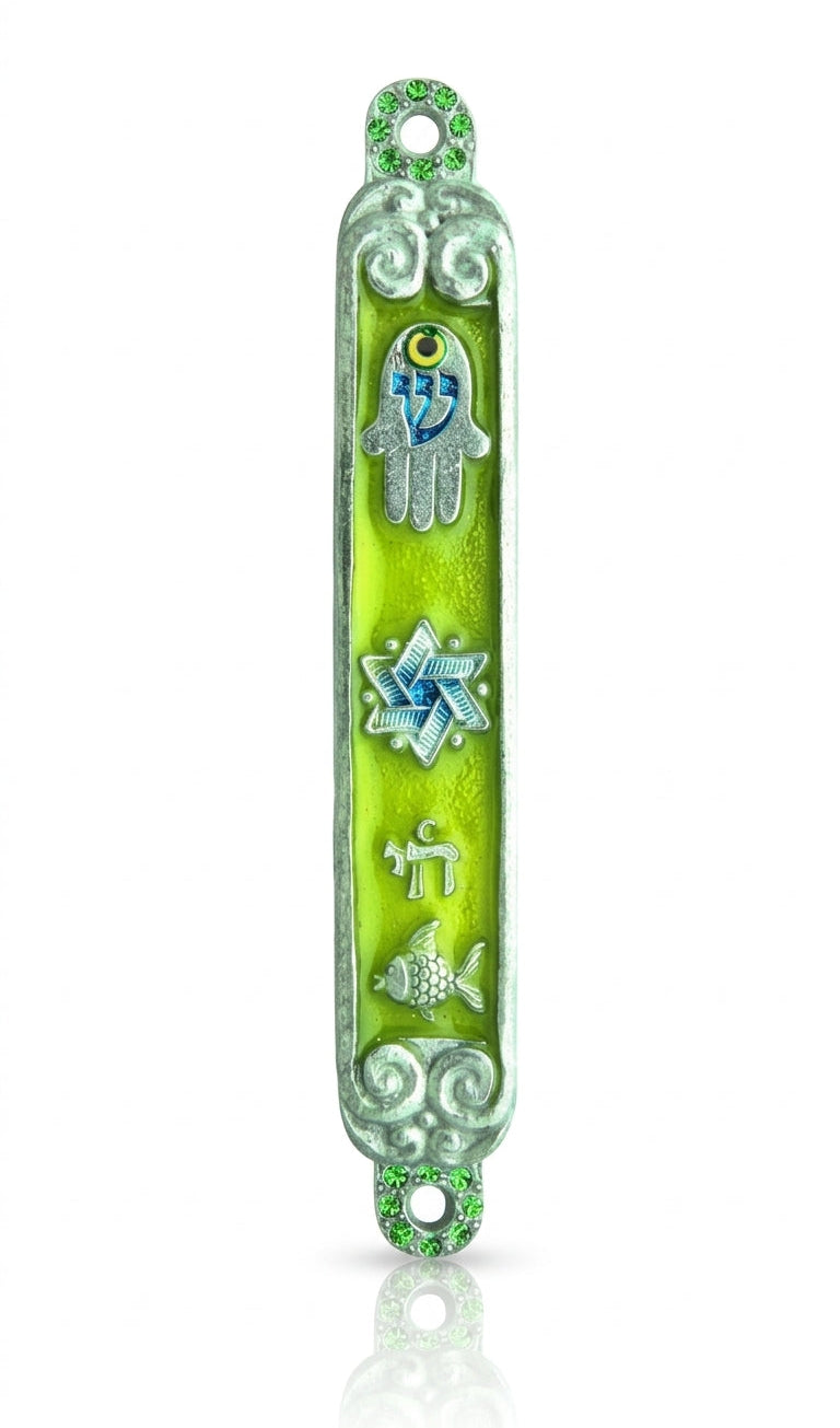 Vibrant pewter Charms Mezuzah with enamel paint, featuring Chai, Star of David, fish, and Hamsa symbols on a white studio background with soft reflection.