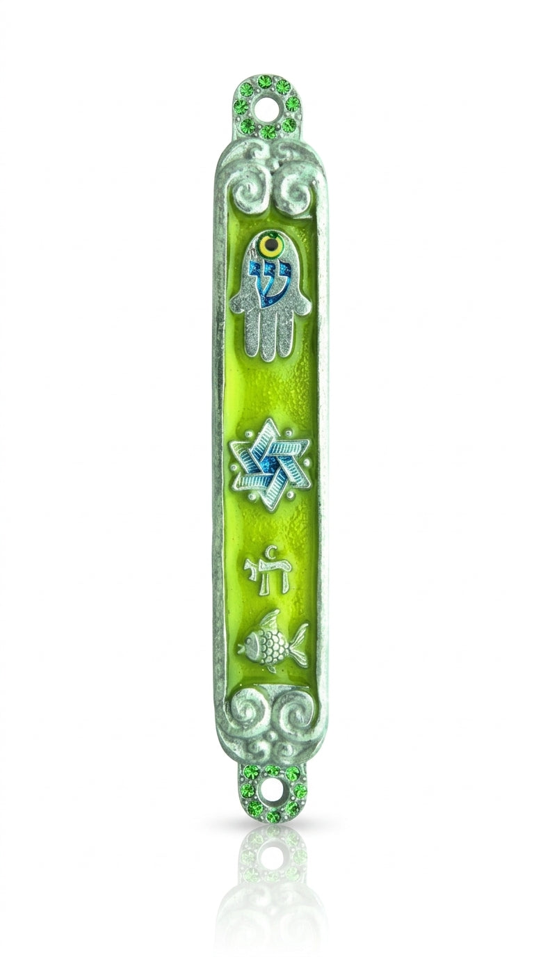 Vibrant pewter Charms Mezuzah with enamel paint, featuring Chai, Star of David, fish, and Hamsa symbols on a white studio background with soft reflection.