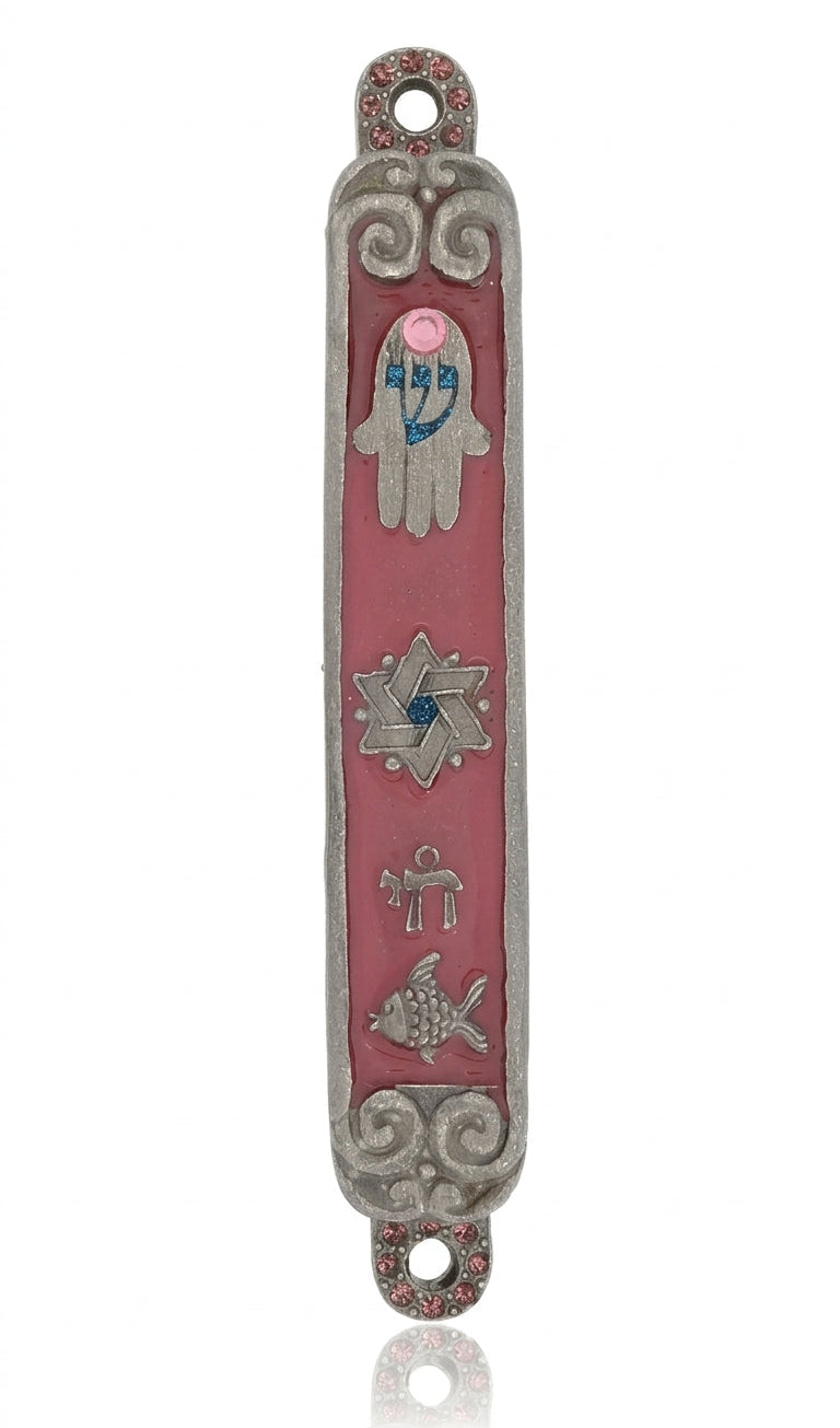 Vibrant pewter Mezuzah hand painted with enamel, adorned with charms like Chai, Star of David, fish, and Hamsa, on a white background with soft reflection.