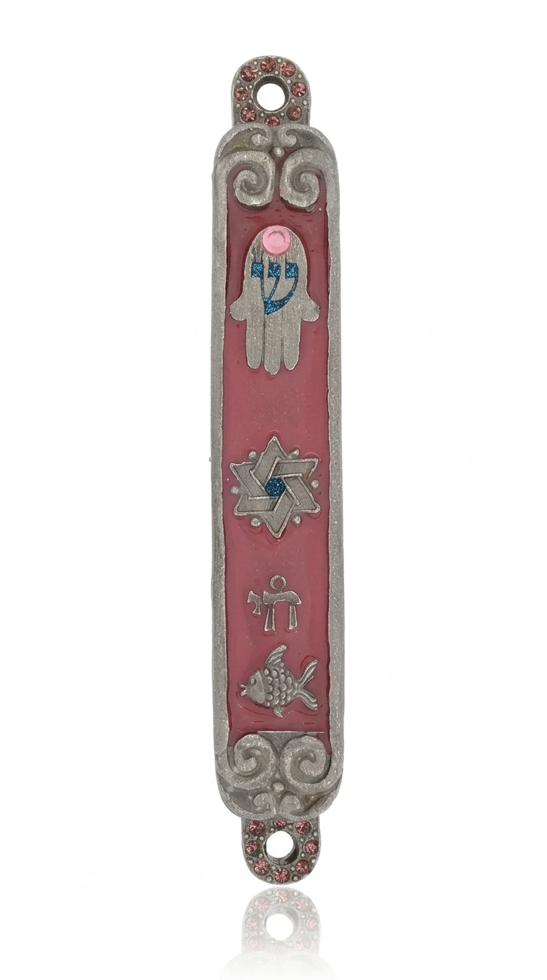 Vibrant pewter Mezuzah hand painted with enamel, adorned with charms like Chai, Star of David, fish, and Hamsa, on a white background with soft reflection.