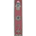 Vibrant pewter Mezuzah hand painted with enamel, adorned with charms like Chai, Star of David, fish, and Hamsa, on a white background with soft reflection.