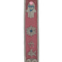 Vibrant pewter Mezuzah hand painted with enamel, adorned with charms like Chai, Star of David, fish, and Hamsa, on a white background with soft reflection.