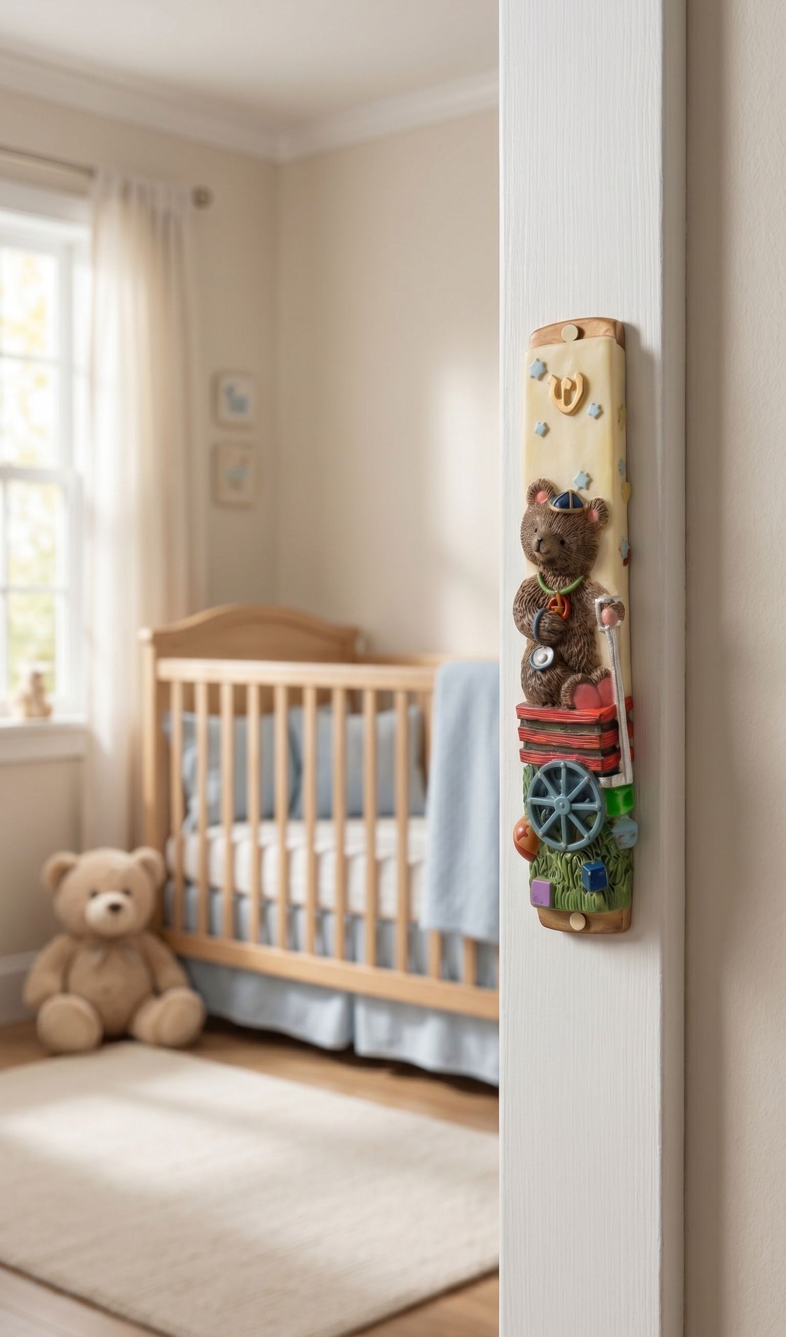Children's nursery doorway adorned with a teddy bear mezuzah case, crafted in Israel, featuring a friendly bear design and textured finish.