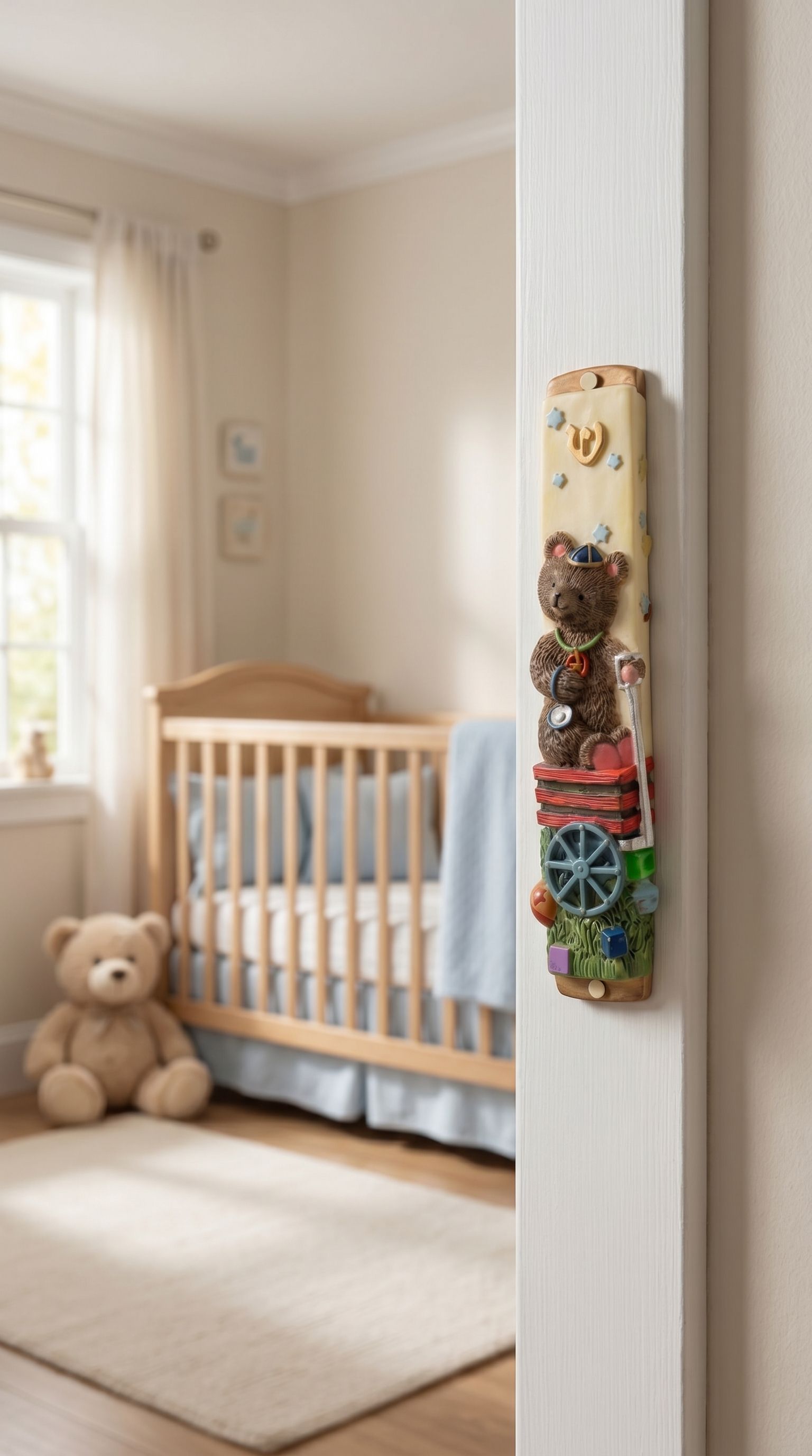Children's nursery doorway adorned with a teddy bear mezuzah case, crafted in Israel, featuring a friendly bear design and textured finish.