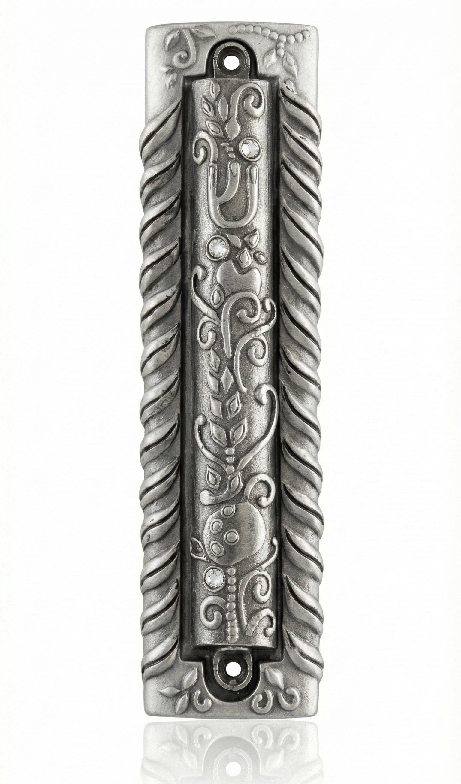 Extra large City Gates Mezuzah made of pewter, 7.5 inches tall, 2 inches wide, with detailed Hebrew engravings, suitable for home doors.