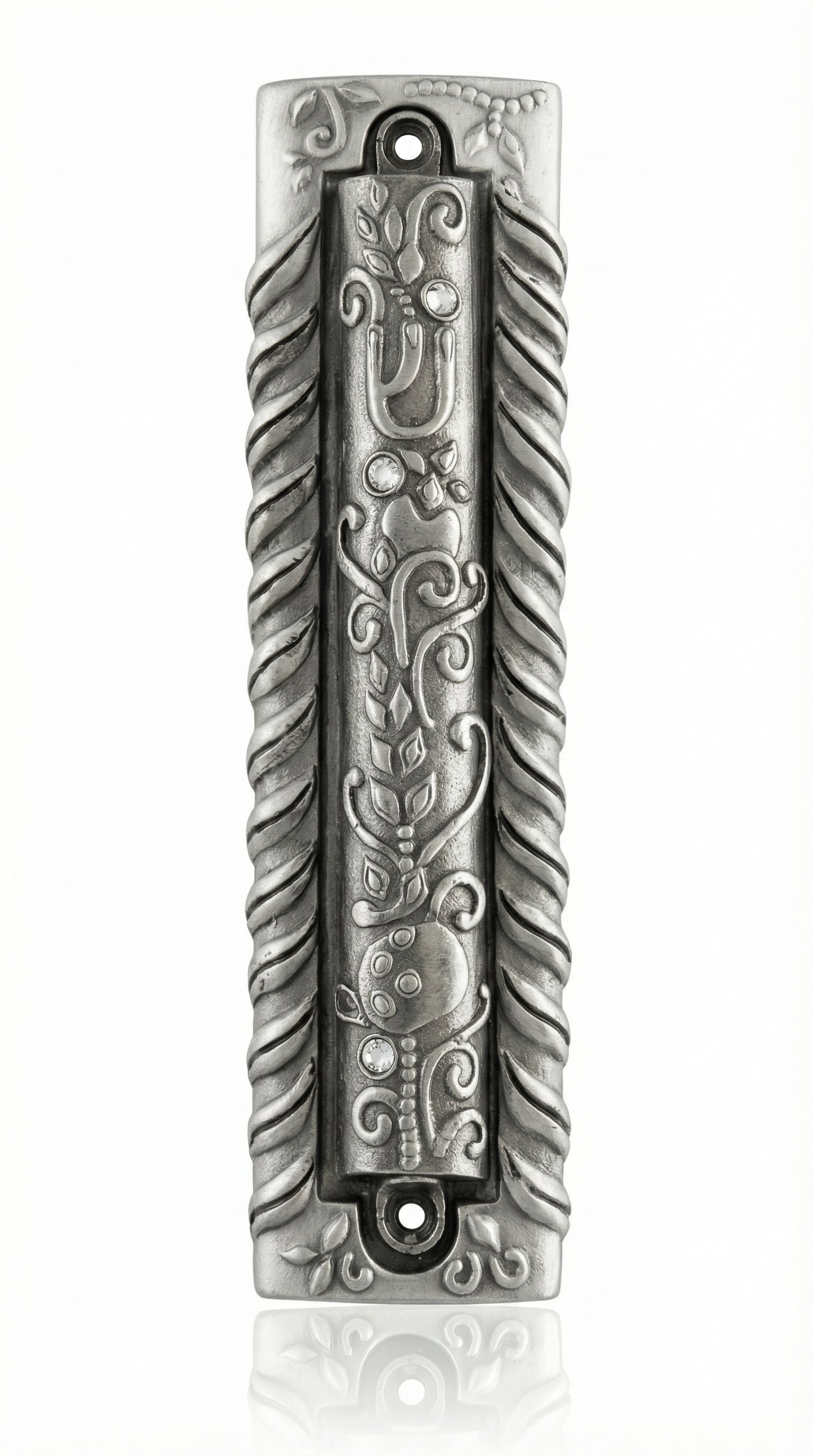 Extra large City Gates Mezuzah made of pewter, 7.5 inches tall, 2 inches wide, with detailed Hebrew engravings, suitable for home doors.