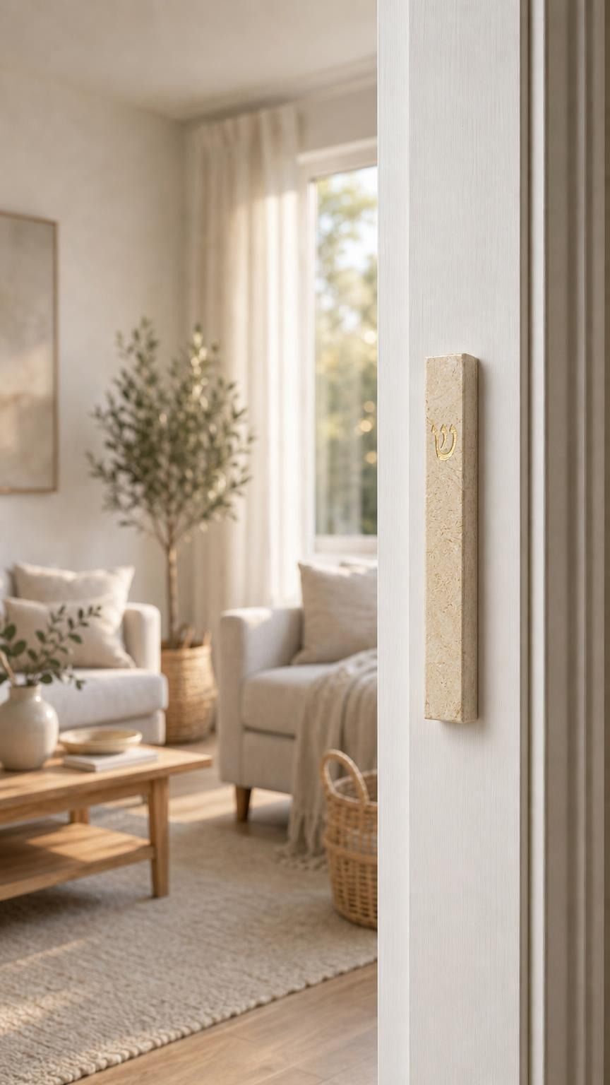 Classic Cream Gold Vein Jerusalem stone mezuzah mounted on a white doorpost in a bright neutral home, showing the slim natural stone case and raised gold Shin