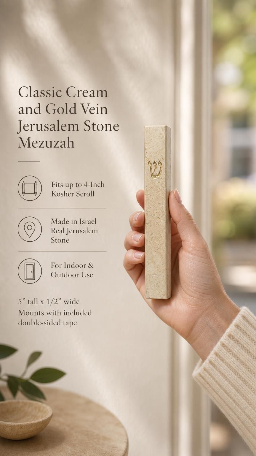 Hand holding the Classic Cream Gold Vein Jerusalem stone mezuzah case with raised gold Shin, shown beside product details for its 5-inch size, 4-inch kosher scroll fit, Israeli origin, and indoor or protected outdoor use