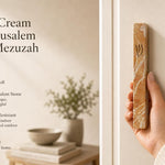 Person naturally holding the Classic cream Jerusalem stone mezuzah case, emphasizing its authentic vein textures and Hebrew shin details