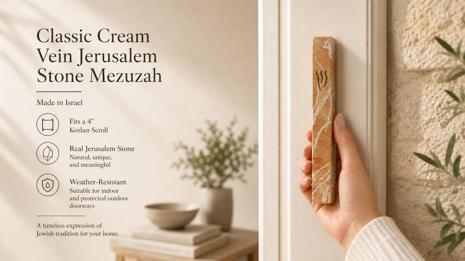 Person naturally holding the Classic cream Jerusalem stone mezuzah case, emphasizing its authentic vein textures and Hebrew shin details