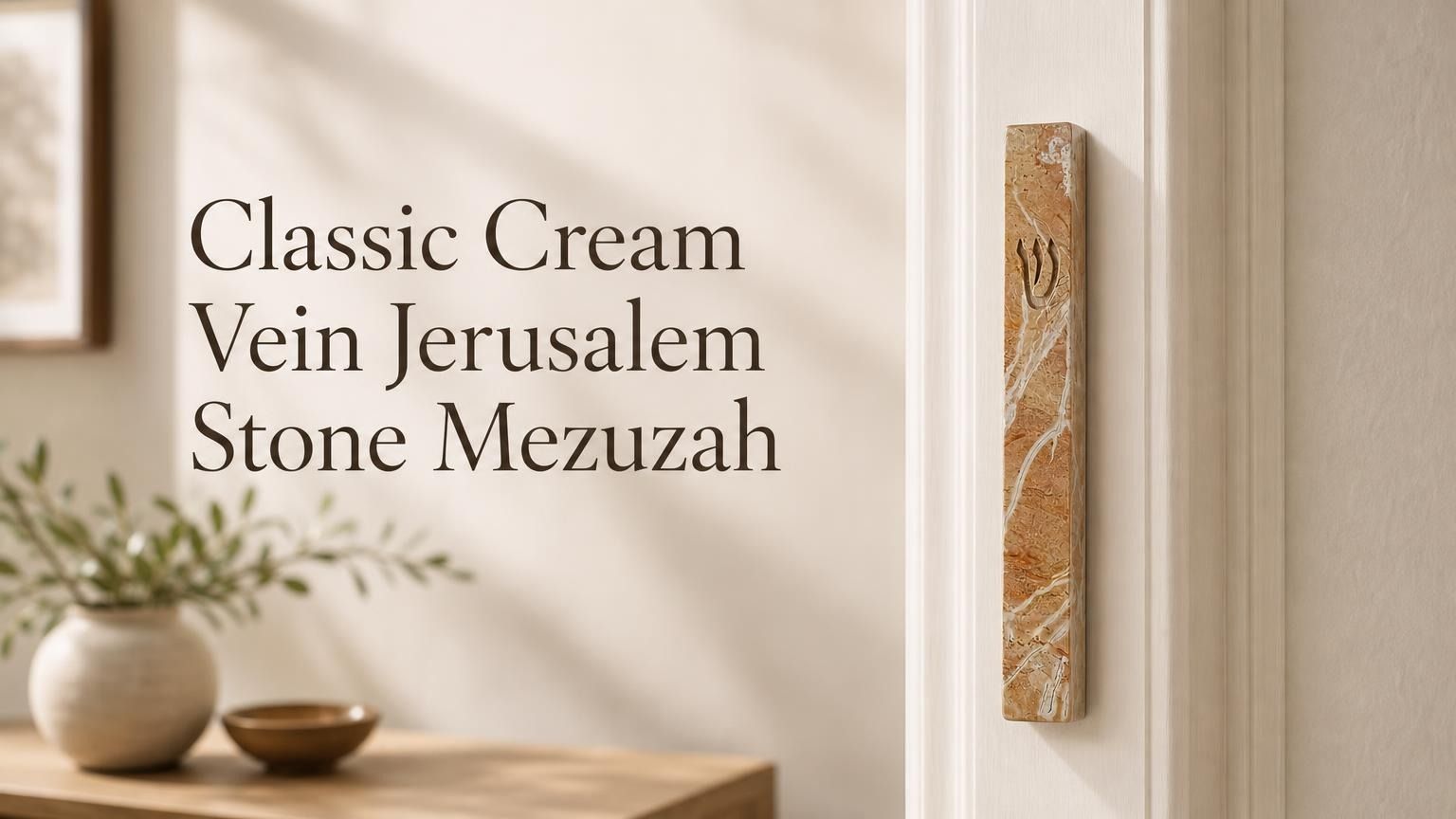 Classic Cream Vein Jerusalem Stone mezuzah case installed on a light doorway with natural cream stone veining