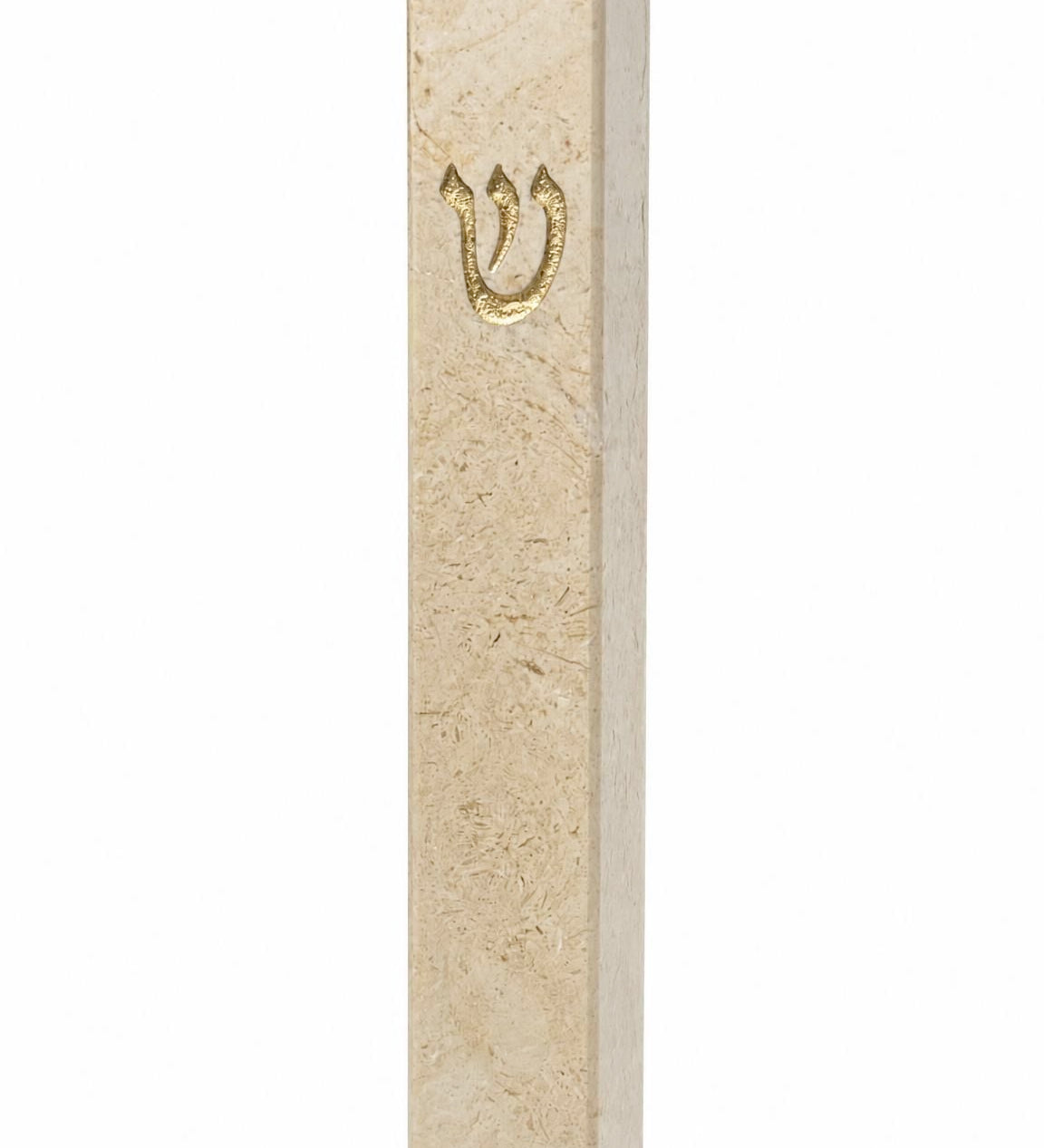 Slim cream Jerusalem stone mezuzah case with natural beige-gold mineral veining, textured stone surface, and a raised gold Shin on the front