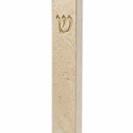 Slim cream Jerusalem stone mezuzah case with natural beige-gold mineral veining, textured stone surface, and a raised gold Shin on the front