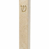 Slim cream Jerusalem stone mezuzah case with natural beige-gold mineral veining, textured stone surface, and a raised gold Shin on the front