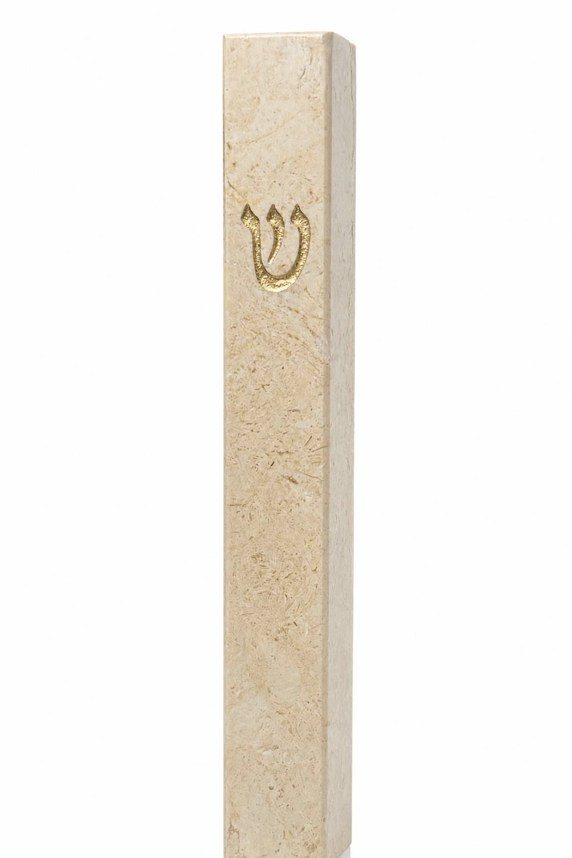 Slim cream Jerusalem stone mezuzah case with natural beige-gold mineral veining, textured stone surface, and a raised gold Shin on the front