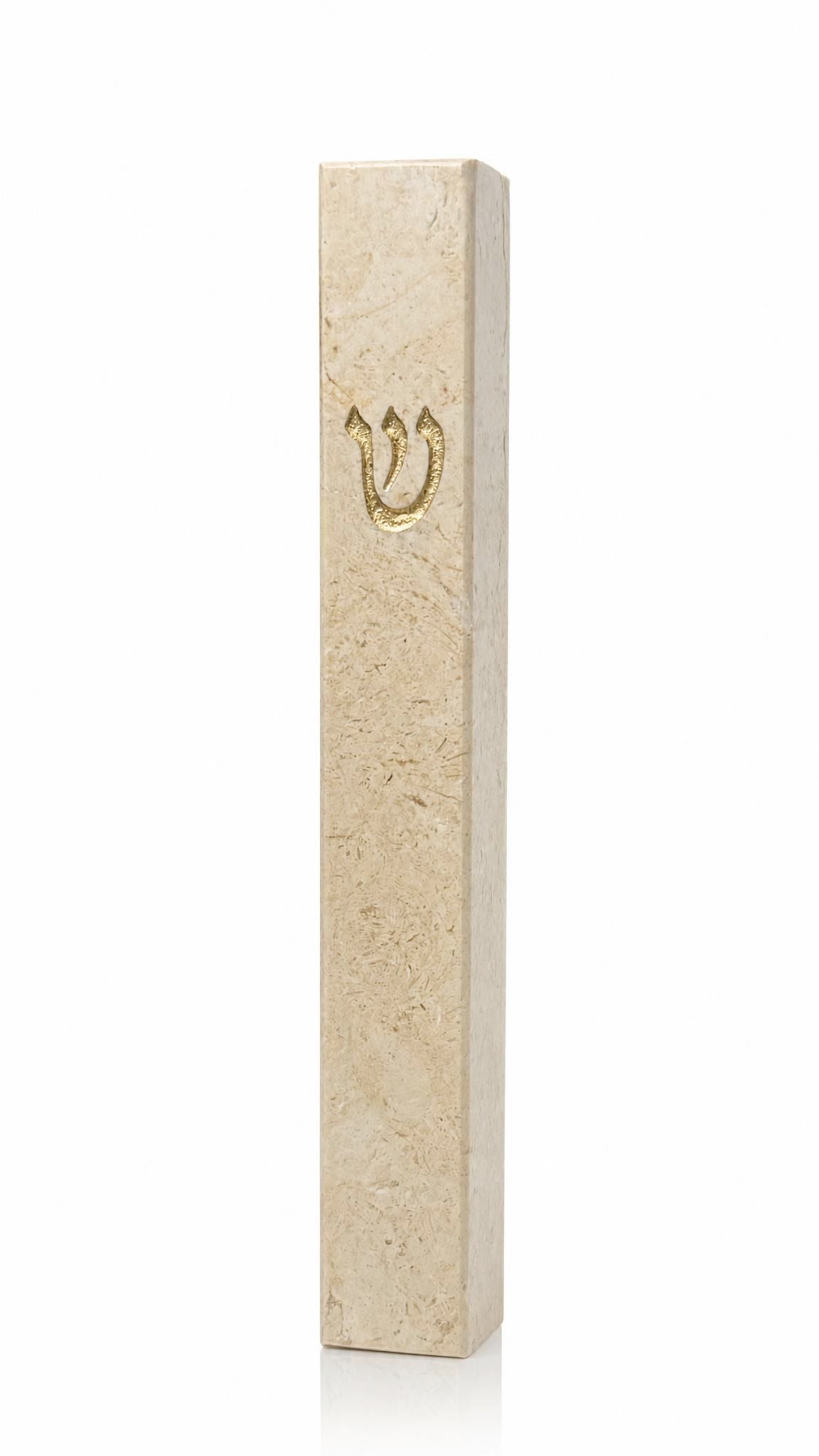 Slim cream Jerusalem stone mezuzah case with natural beige-gold mineral veining, textured stone surface, and a raised gold Shin on the front