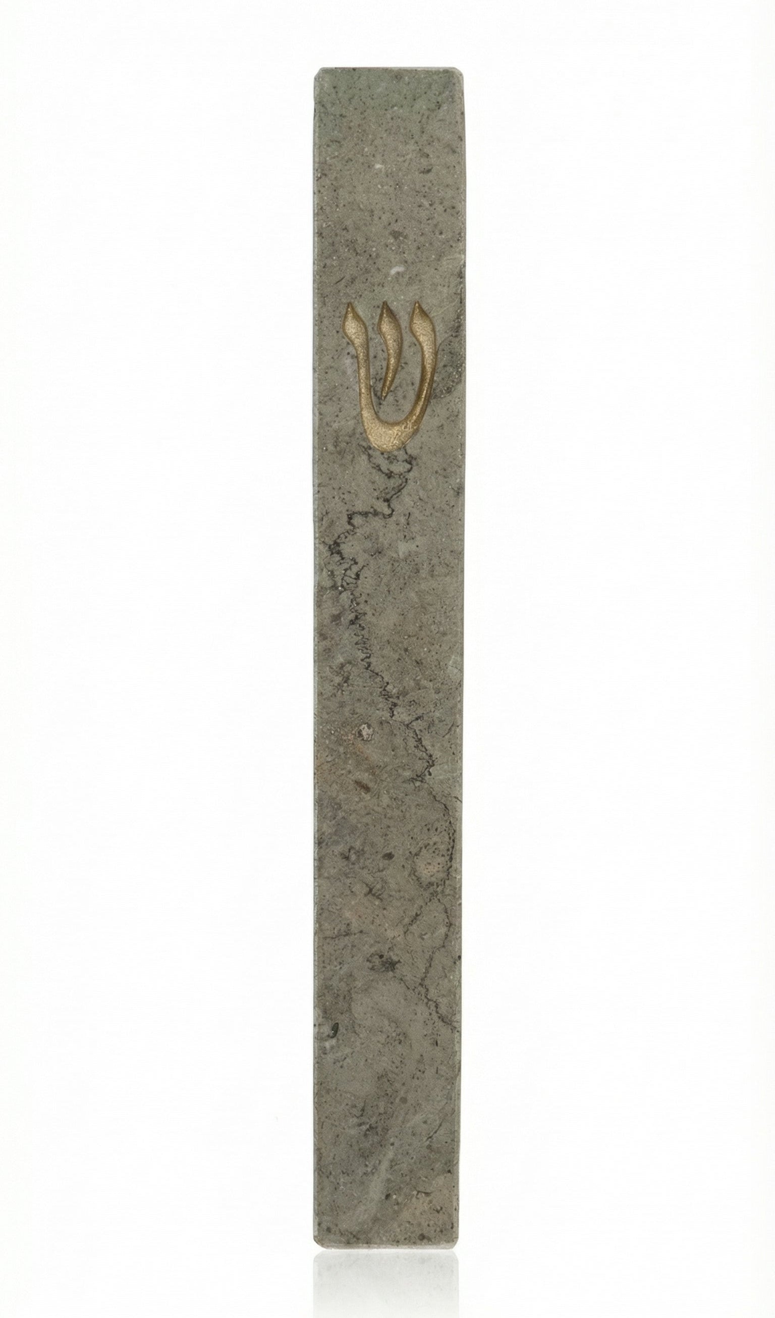 High-resolution image of handcrafted Jerusalem stone Mezuzah with detailed texture, Hebrew inscription, and decorative motifs, on a white studio background.