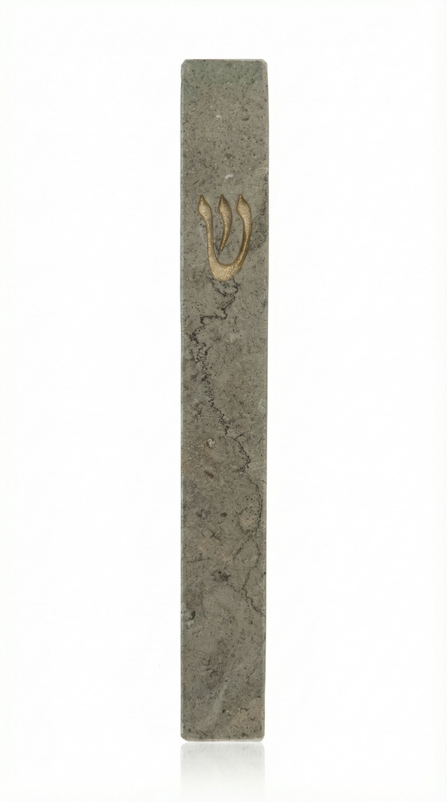 Classic gray Jerusalem stone mezuzah case with a gold Hebrew letter Shin.